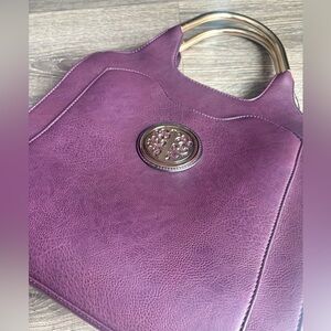 Purple large structured handbag with gold circular handles detachable strap NWT